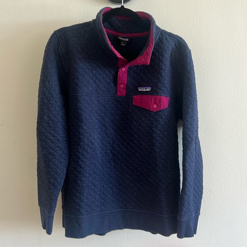 Patagonia Organic Cotton Quilt Snap-T Pullover Sweater Women's Large Navy Blue